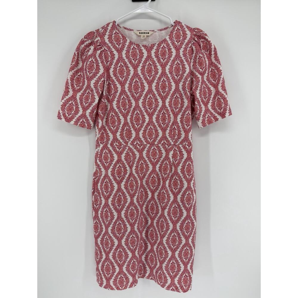 Boden Zoe Jersey Pink Paisley Womens Dress Size 4R Puff Short Sleeve Pockets